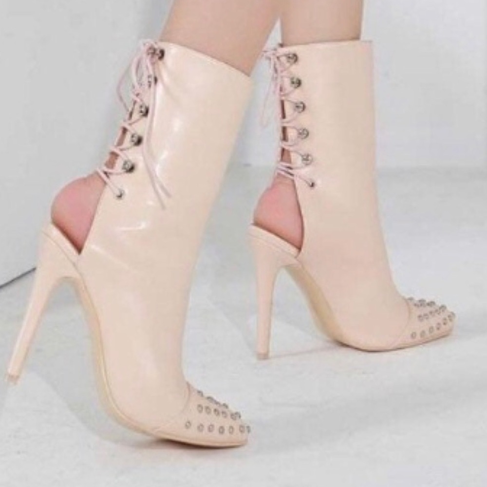 Lace-up Nude Studded Stiletto Booties with Open Backs